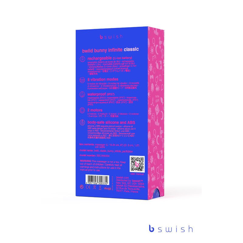 Bwild classic bunny infinite - rabbit vibrator, blue -  box back view | Flirtybay.com.au